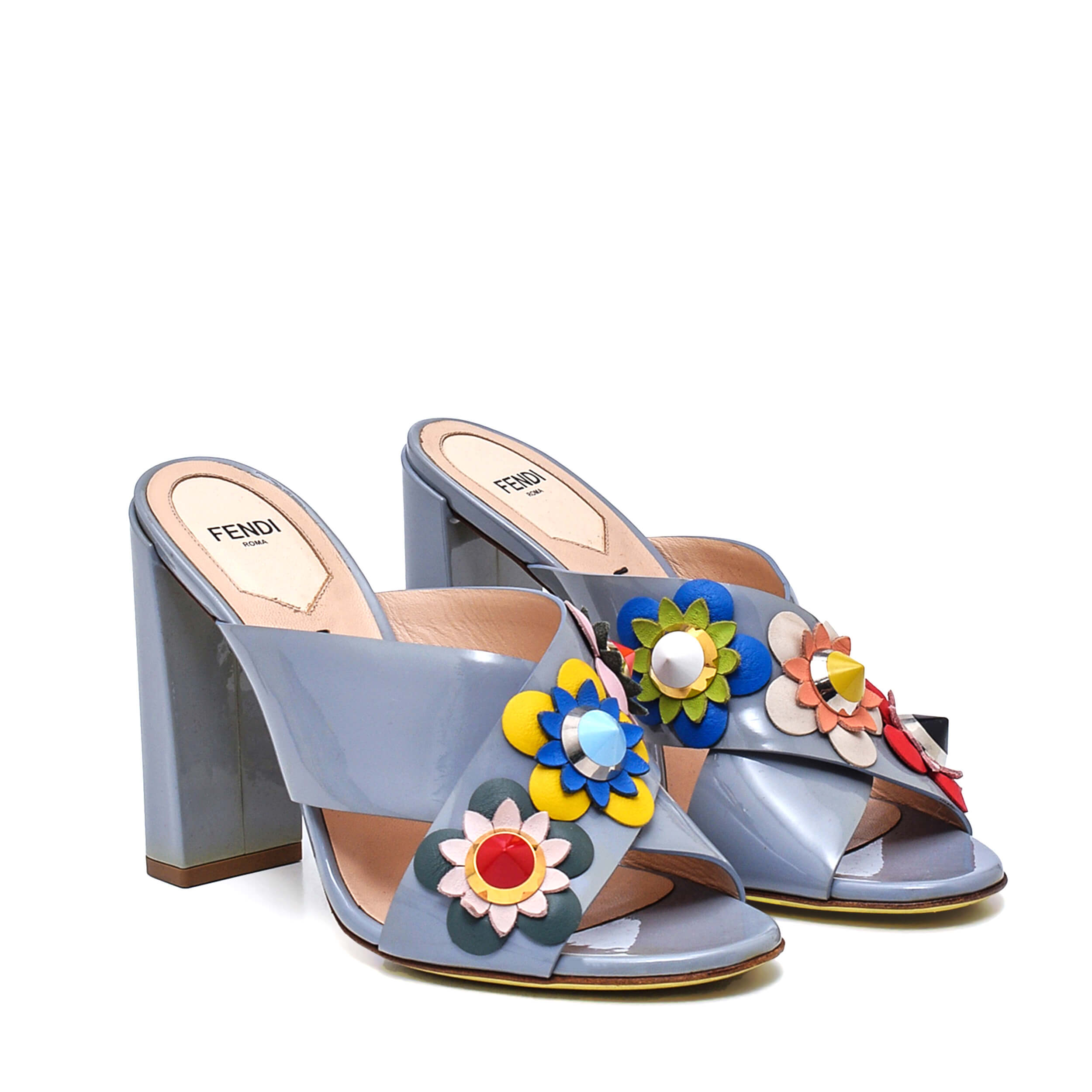 Fendi - Grey Leather Flowerland Block Heel Slide Sandals Size 37.5